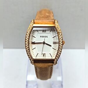 Fossil Wallace ES3108 Womens Rose Gold Tonneau Crystal Quartz Watch New Battery
